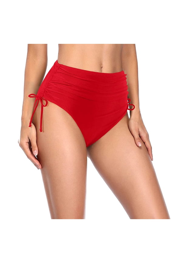 Women's High Waisted Bikini Bottoms - Vintage Full Coverage Swim Briefs for Retro Look Red S