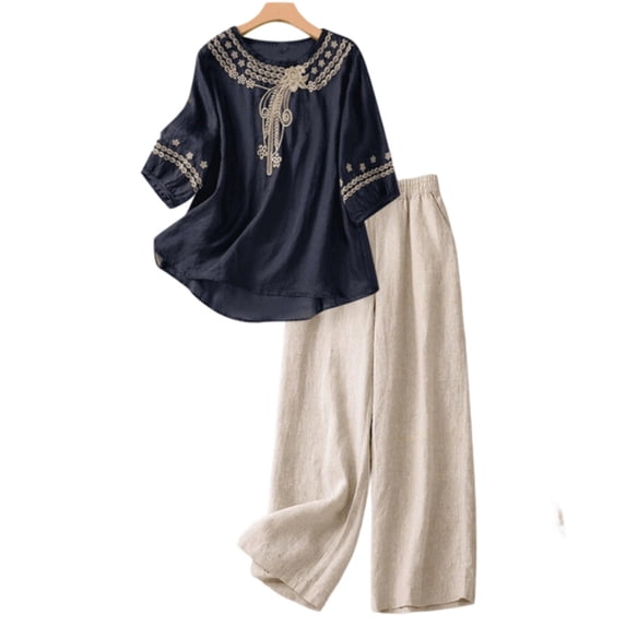 Dresfit Women's Linen Sets Short Sleeve Crew Neck Shirts & Pants 2 Piece Set Summer 2026 Beach Pant Sets Lightweight Wide Leg Plus Size Outfit XL