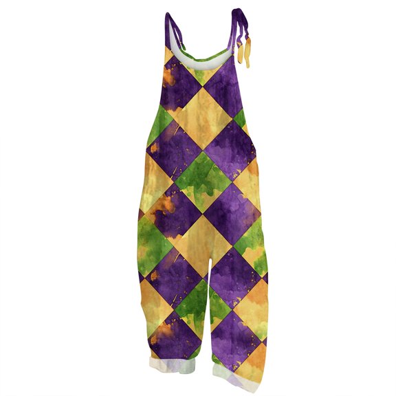 Dresfit Women's Mardi Gras Romper Adjustable Strap Sleeveless Overalls 2026 Wide Leg Patchwork Carnival Jumpsuit Petite Plus Size Outfits Light Gray L