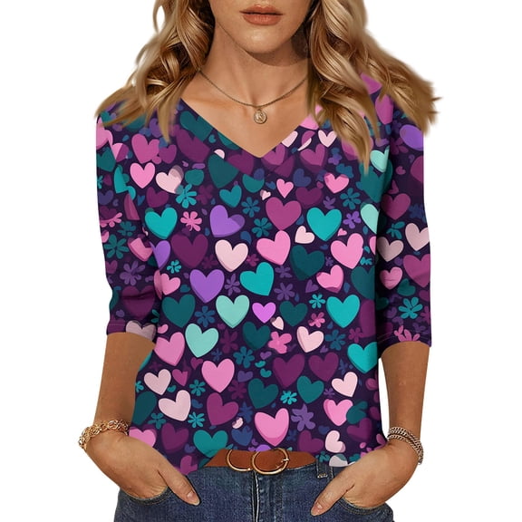 Dresfit Women's Mardi Gras Shirts 3/4 Sleeve V Neck Holiday Tunic Top 2026 Funny Graphic Party Blouse Carnival Mask Printed Parade T-Shirt Purple S