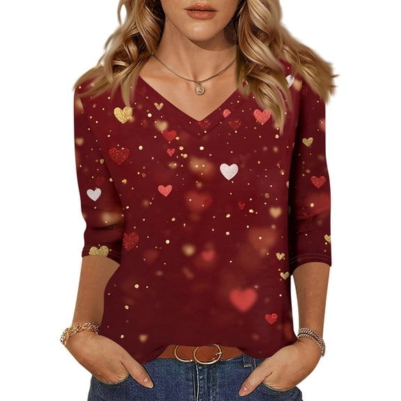 Dresfit Women's Mardi Gras Shirts 3/4 Sleeve V Neck Parade Tunic Top 2026 Sequin Glitter Graphic Party Blouse Slim Fit Holiday T-Shirt Wine 2XL