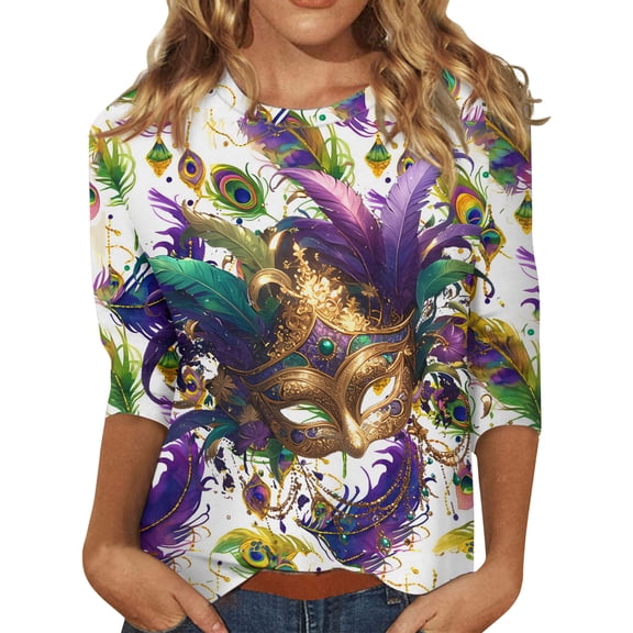 Dresfit Women's Mardi Gras Shirts Crew Neck 3/4 Sleeve Holiday T-Shirt 2026 Sequin Glitter Graphic Parade Tunic Top Plus Size Party Blouse White 2XL