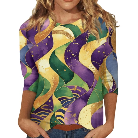 Dresfit Women's Mardi Gras Shirts Graphic Crew Neck Parade Blouse 2026 Plus Size 3/4 Sleeve Party Tunic Top Slim Fit Holiday T-Shirt Yellow 2XL