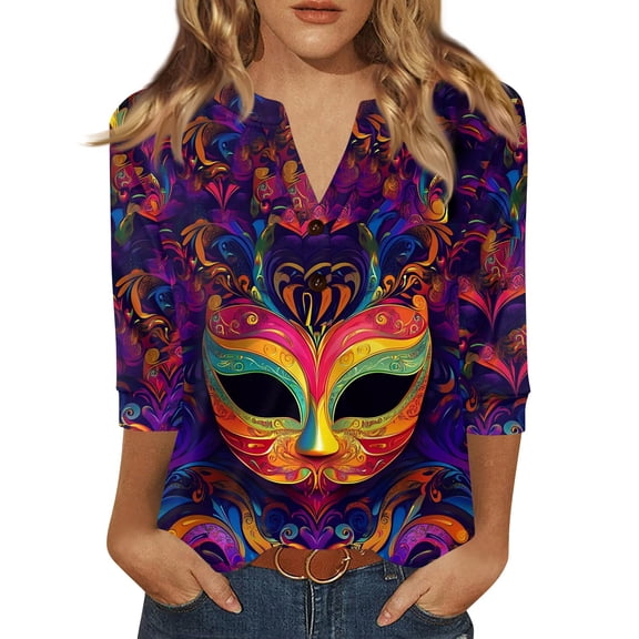 Dresfit Women's Mardi Gras Shirts Graphic V Neck Holiday Blouse 2026 Sequin Glitter 3/4 Sleeve Party Tunic Top Slim Fit Parade T-Shirt Purple L