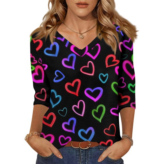 Dresfit Women's Mardi Gras Shirts Graphic V Neck Party T-Shirt 2026 Plus Size 3/4 Sleeve Parade Blouse Sequin Glitter Holiday Tunic Top Multicolor L