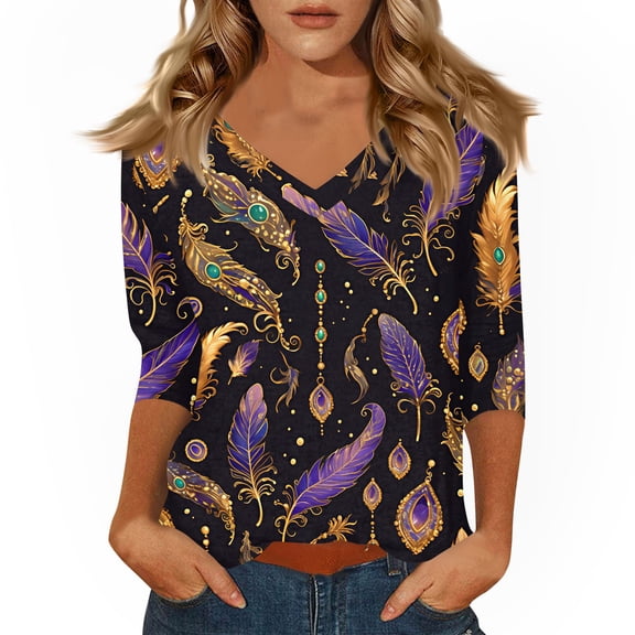 Dresfit Women's Mardi Gras Shirts V Neck 3/4 Sleeve Holiday T-Shirt 2026 Plus Size Graphic Parade Blouse Slim Fit Party Tunic Top Black L