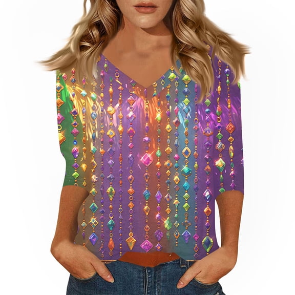 Dresfit Women's Mardi Gras Shirts V Neck 3/4 Sleeve Parade Tunic Top 2026 Funny Graphic Party Blouse Slim Fit Holiday T-Shirt Multicolor L