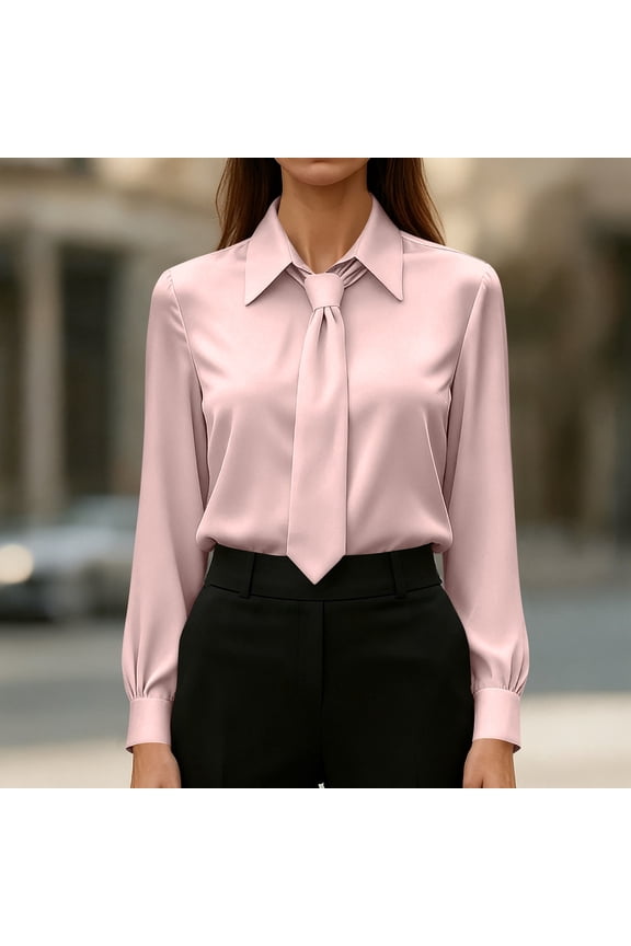 Women's Polo Shirt Satin Dress Shirts with Bow Tie Spring Collared Long Sleeve Elegant Tops Summer Button Up Loose Formal Tunic Pink S