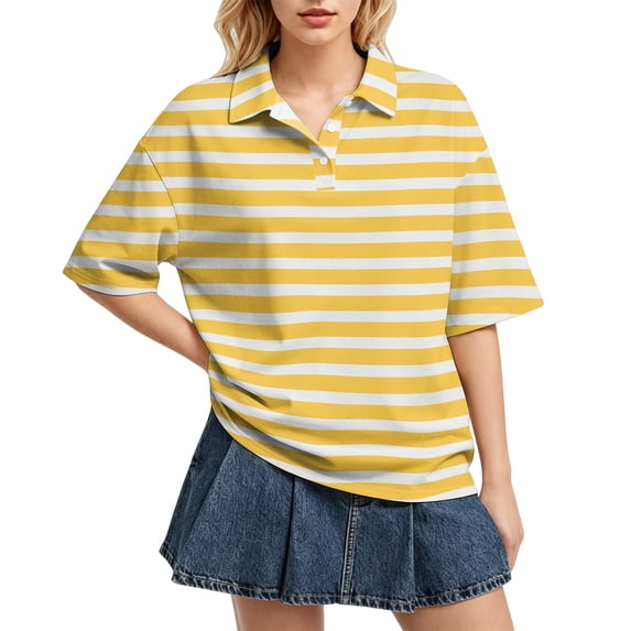 Dresfit Women's Polo Shirts Short Sleeve Striped Golf Shirts 2026 Summer Button Down Back To School T Shirts Lightweight Regular Fit Plus Size Tennis Graphic Tees M