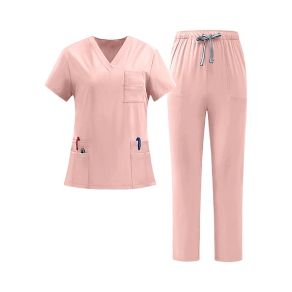 Dresfit Women's Scrub Sets V Neck Short Sleeve Scrub Tops Matching Drawstring Wide Leg Scrub Pants Two Piece Sets Breathable Stretch Nurse Uniform XL