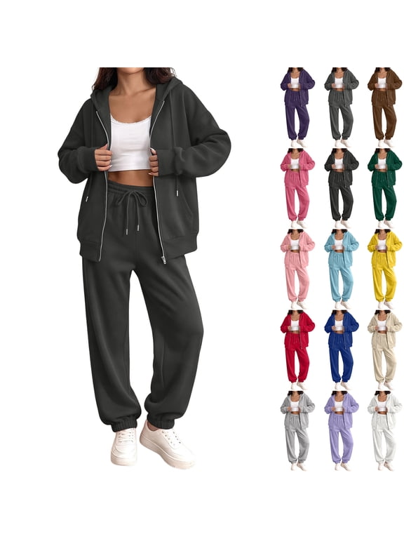 Women's Track Suits Long Sleeve Hooded Sweatsuits Zip Up Outdoor Jackets Matching Baggy Sweatpants 2 Piece Outfit Lounge Loose Fit 2 Piece Sets S
