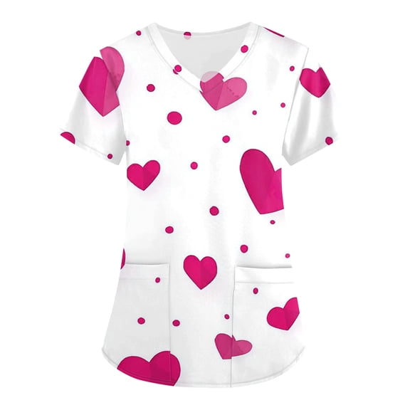 Dresfit Women's Valentines Scrub Tops Short Sleeve Love Heart Printed Uniformsβ Scrubs 2026 V Neck Plus Size Nursing Tops βfunny Valentines Day Working Uniform Vermilion M