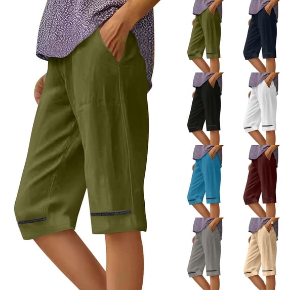 Dresfit Womens Bermuda Shorts Knee Length Linen Shorts Summer 2026 Solid Baggy Short Pants Beach Plus Size Loose Pedal Pushers with Pockets Army Green XL