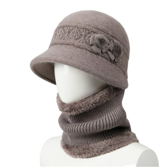 Dresfit Womens Cloche Hat Knitted Flower Round Brim Bucket Hat with Scarf Crohet Versatile Vintage Winter Brimmed Thick Thermal Bowler Hats Khaki One Size