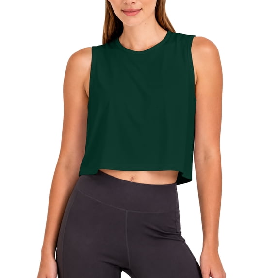 Dresfit Womens Cropped Tank Tops Crew Neck Open Back Shirts 2026 Summer Sleeveless Running Blouses Breathable Lightweight Boxy Gym Shirt Army Green