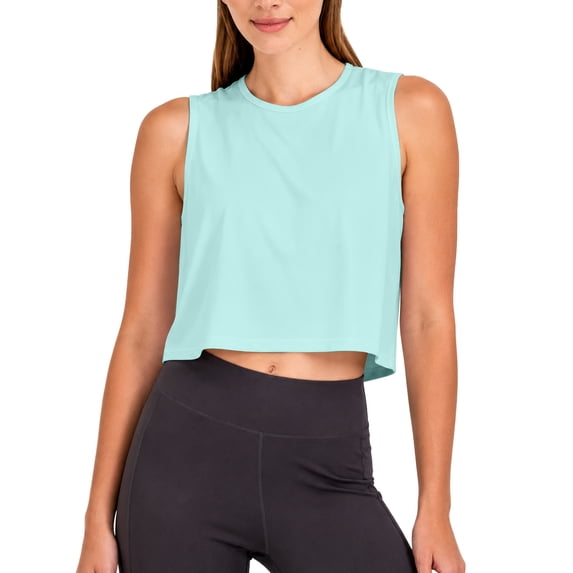 Dresfit Womens Cropped Tank Tops Crew Neck Sleeveless Shirts Summer 2026 Open Back Yoga Tops Boxy Racerback Loose Fit Gym Blouses Light Blue