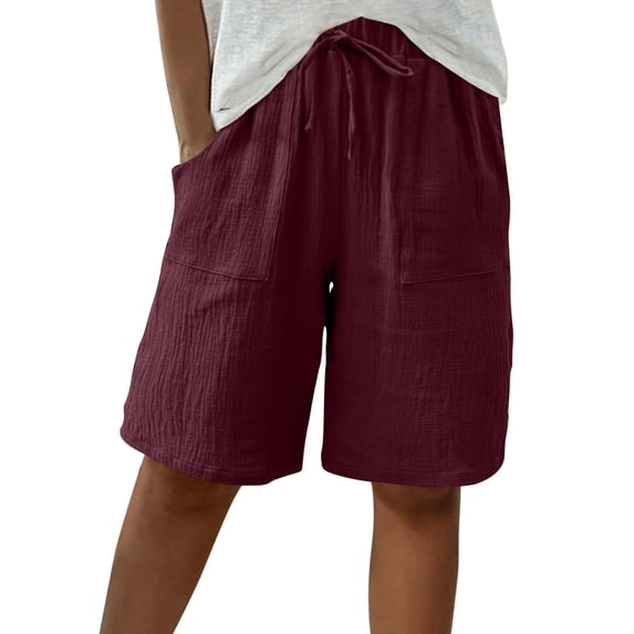 Dresfit Womens Linen Shorts Baggy Bermuda Shorts 2026 Summer Drawstring Solid Cropped Pants Beach Loose Plus Size Short Pants with Pockets Wine S