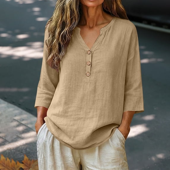 Dresfit Womens Linen Tops V Neck Button Down Gauze Shirts 2026 Summer 3/4 Sleeve Dressy T Shirts Lightweight Dressy Plus Size Casual Blouses M