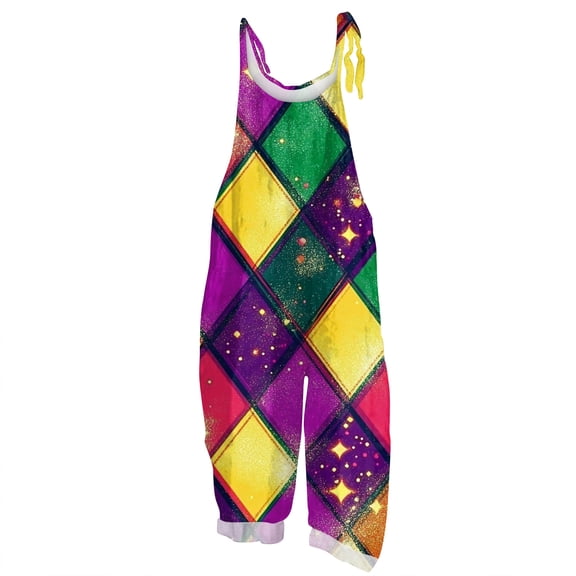 Dresfit Womens Mardi Gras Romper Wide Leg Sleeveless Jumpsuit 2026 Patchwork Adjustable Strap Carnival Overalls Plus Size Holiday Graphic Loungewear Black XL