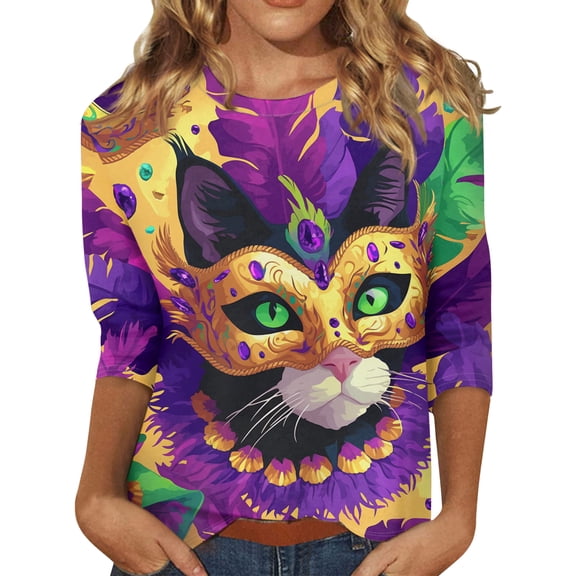 Dresfit Womens Mardi Gras Shirts 3/4 Sleeve Crew Neck Holiday T-Shirt 2026 Slim Fit Graphic Party Blouse Button Parade Tunic Top Turquoise 2XL