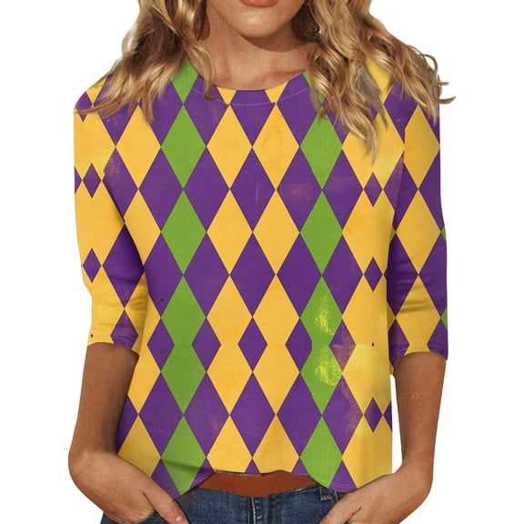 Dresfit Womens Mardi Gras Shirts Graphic Crew Neck Party T-Shirt 2026 Carnival Mask Printed 3/4 Sleeve Parade Tunic Top Slim Fit Holiday Blouse Green 2XL