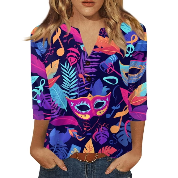Dresfit Womens Mardi Gras Shirts V Neck 3/4 Sleeve Party Tunic Top 2026 Slim Fit Graphic Parade T-Shirt Sequin Glitter Holiday Blouse Dark Purple 2XL