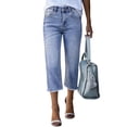 thumbnail image 1 of Dresfit Womens Petite Jeans High Waisted Denim Capri Pants 2026 Summer Frayed Ripped Straight Leg Raw Hem Y2k Streetwear with Pockets Light Blue S, 1 of 7