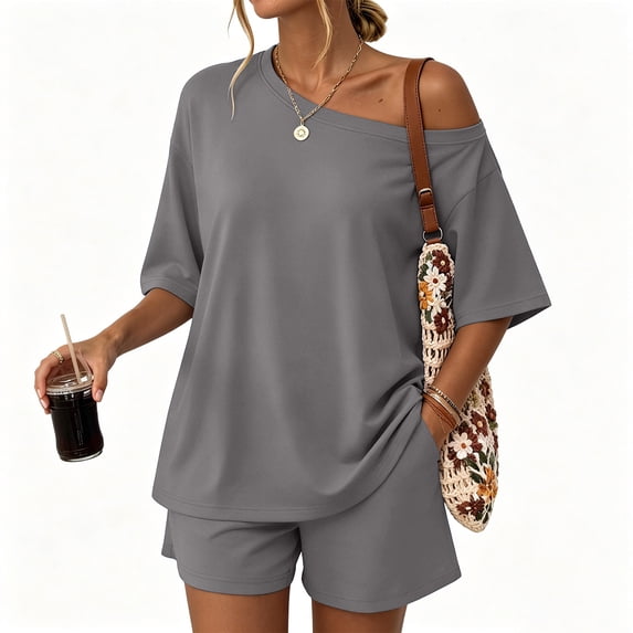 Dresfit Womens Shorts Sets Off Shoulder Short Sleeve Crew Neck Tops & Mini Shorts 2 Piece Outfits 2026 Summer Oversized Wrinkle Resistant Outfits S