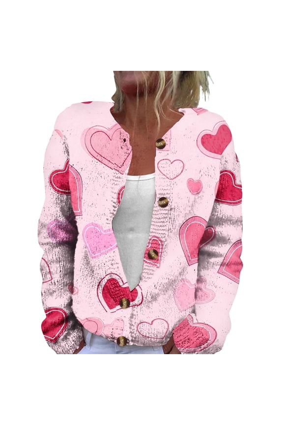 Womens Valentines Cardigan Knitted Heart Print Sweater 2026 Open Front Button Down Valentine's Day Jacket Cute Oversized Graphic Blouses Light pink 2XL