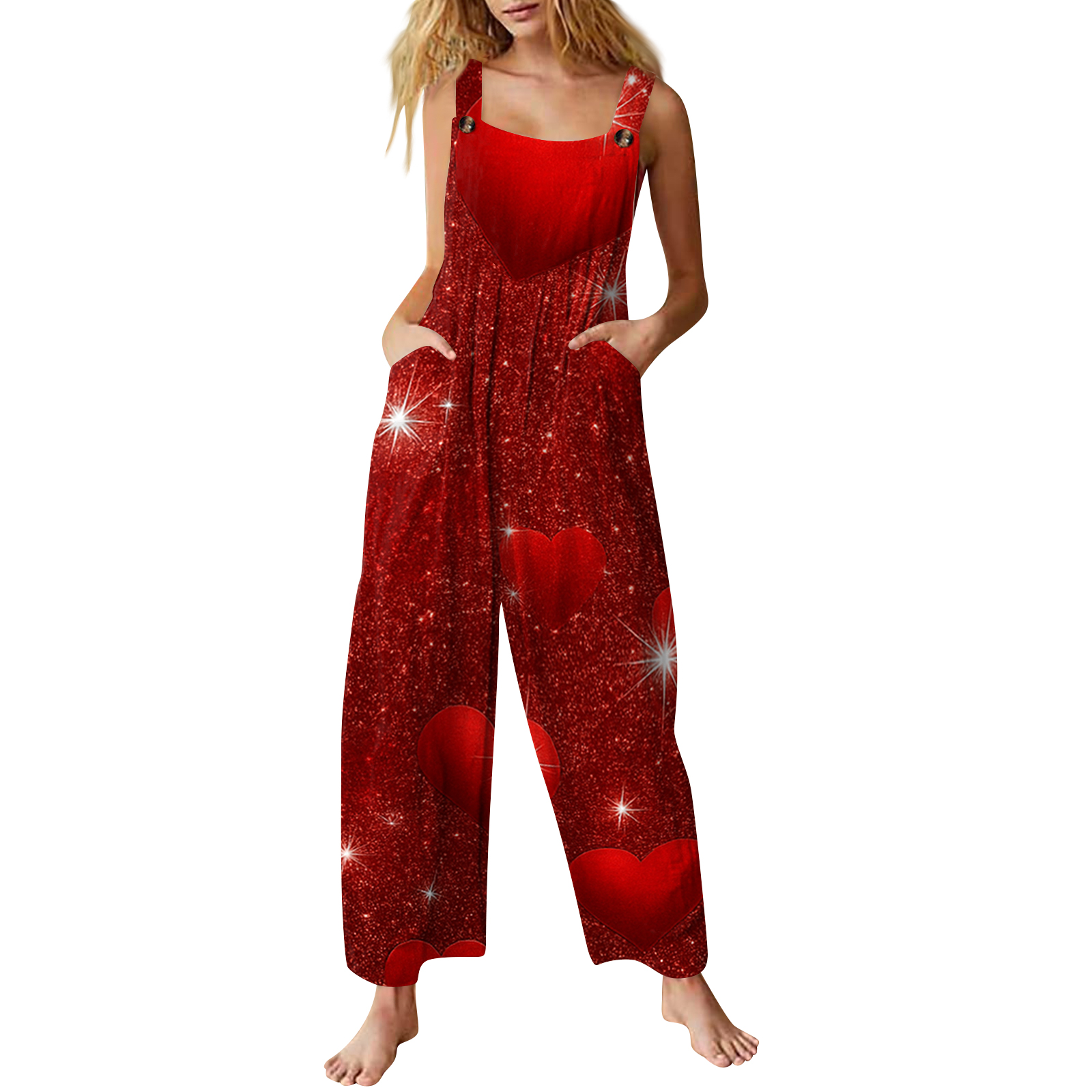 PLUS SIZE SLEEVELESS ADJUSTABLE STRAP BUTTON JUMPSUIT