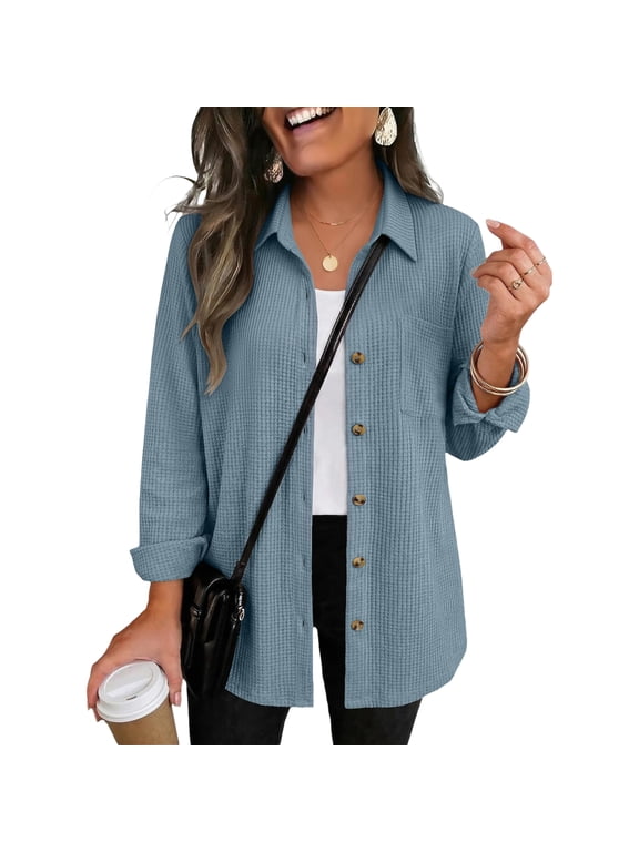 Womens Waffle Knit Shirts Long Sleeve Collared Button Down Shackets Winter Fall Oversized Dressy Jacket Loose Fit Open Front Lapel Jackets