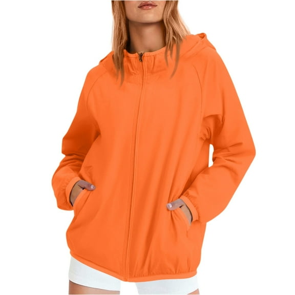 Dresfit Womens Waterproof Windbreaker Jacket Zip Up Lightweight Rain Jacket with Hood Hooded Breathable Outdoor Sweatshirts Full Zip Packable Sweaters with Pocket Orange M