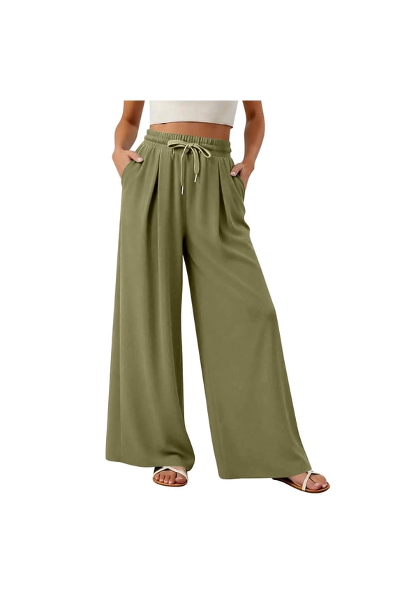 Womens Wide Leg Pants Baggy High Waisted Palazzo Pants 2026 Summer Stretch Drawstring Vacation Slacks Lightweight Flowy Gaucho Pant Army Green M