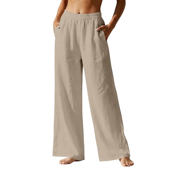 Dresfit Womens Wide Leg Pants Palazzo Linen Business Trousers Summer 2026 Lightweight Loose Slacks Flowy Elastic High Waist Boho Pant with Pockets Beige XL