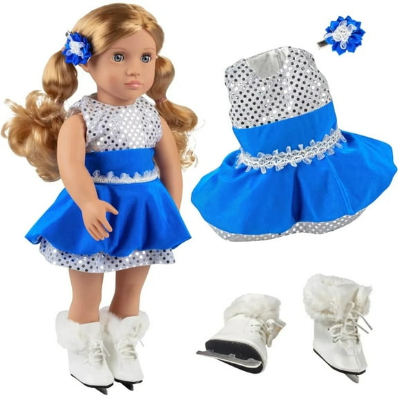 Dress Along Dolly 3pc Ice Skating Doll Outfit- Handmade Clothes & Accessories Compatible w 18" American Girl Doll- Figure Skater Set Includes Sparkly Dress, Ice Skates & Hair Clip- Gift Set for Girls