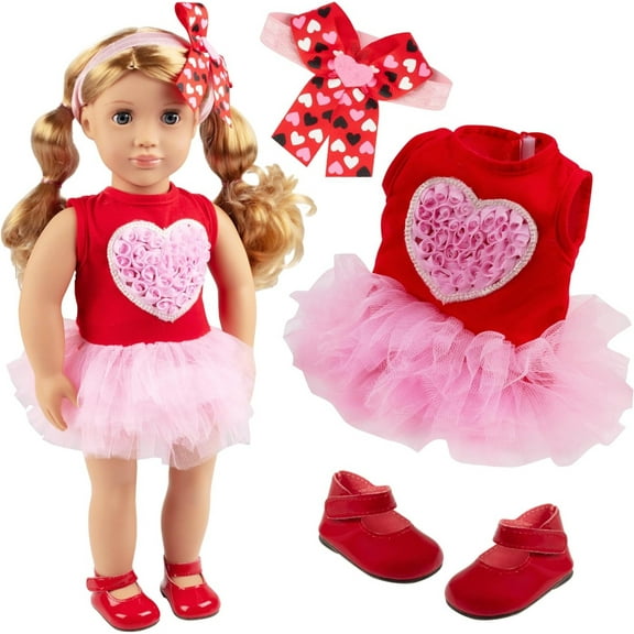 Dress Along Dolly 3pc Pink Heart Valentine's Day 18" Doll Outfit w Hair Bow - American Clothes & Accessories Set Includes Valentines Day Dress, Headband, & Shoes - Girl Valentines Gift