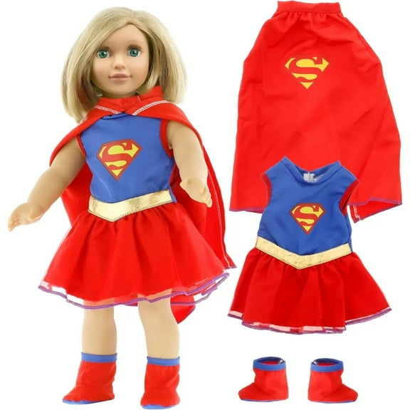 Dress Along Dolly 3pc Super Hero Girl Inspired 18" Doll Outfit-Compatible w American Girl- Handmade Clothes & Accessories Set Includes Dress, Shoes, Cape- Movie and Comics Gift