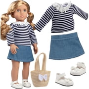 Dress Along Dolly Casual School Day 4pc Outfit Compatible with 18" American Girl Dolls - Shirt, Skirt, Shoes & Purse - Gift for Kids, Girls & Boys