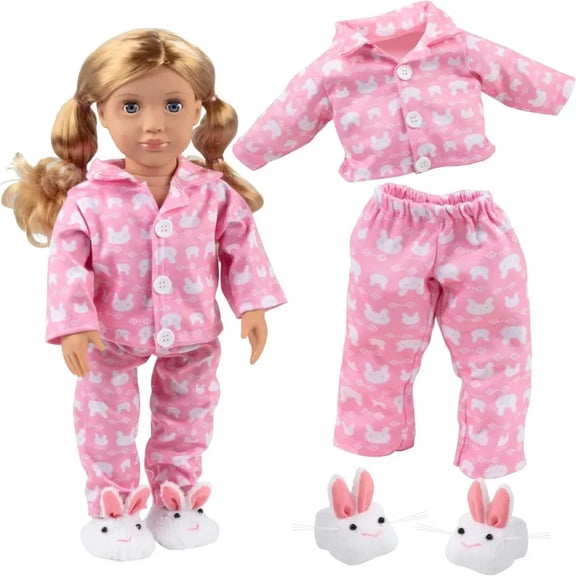 Dress Along Dolly Cute Bunny Pajamas Doll Outfit Compatible with American Girl & 18" Dolls (3 Piece Set) - Clothes Include Rabbit Shirt, Pants, & Bunny Slippers - PJs Apparel for Doll