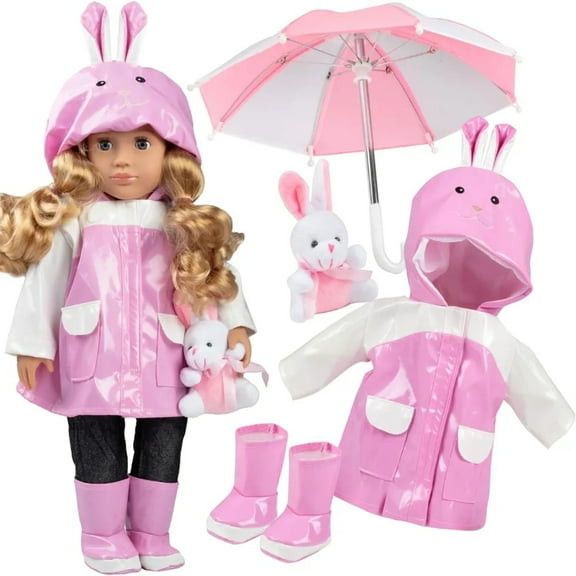 Dress Along Dolly 4 Piece Pink Bunny Raincoat Doll Outfit w Rabbit Plush- 18" Doll Clothes & Accessories Compatible w American Girl Dolls - Gift for Kids, Girls & Boys