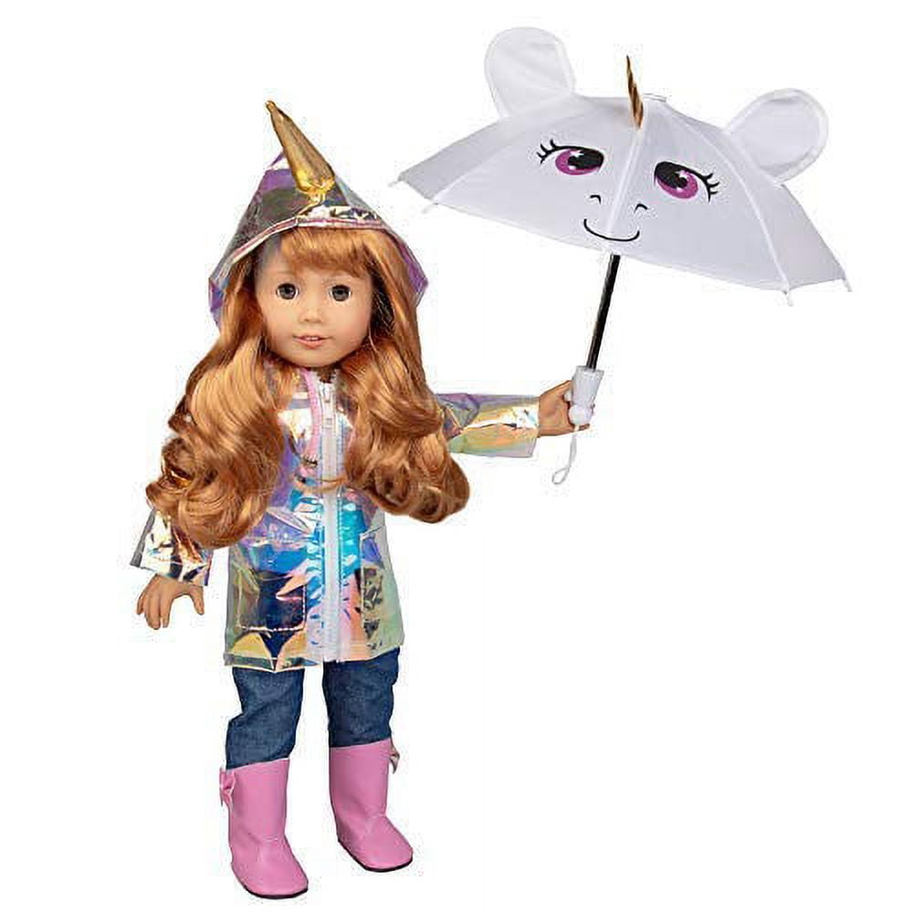 Dress Along Dolly Rainbow Unicorn Doll Rain Outfit for American 18" Dolls Girl (6 Piece Set Costume) - Premium Handmade Clothes Include Holographic Raincoat, Umbrella, Shirt, Pants, & Boots
