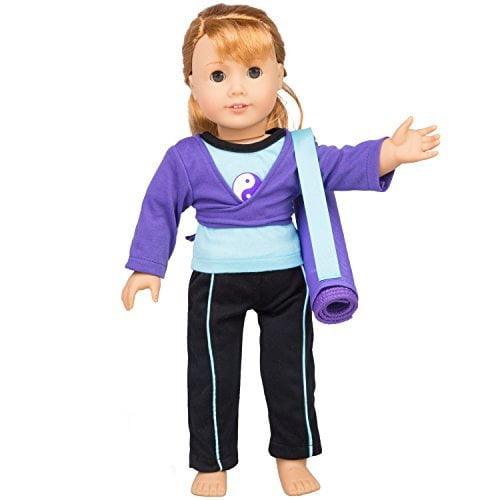 Dress Along Dolly Yoga Gymnastics Doll Outfit (5 Piece Set) - Clothes Costume Fits American 18" Girl Dolls - Includes Mat w Carrying Case, Leggings, & Shirts