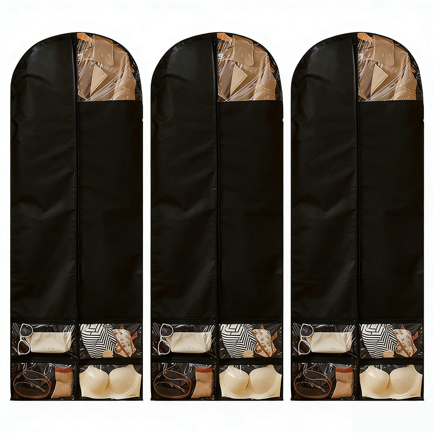 Dress Bags for Gowns 3 pack, 50'' Heavy Duty Garment Hanging Bag for Closet Organization and Travel, with Accessory Pockets and Clear Window, Black