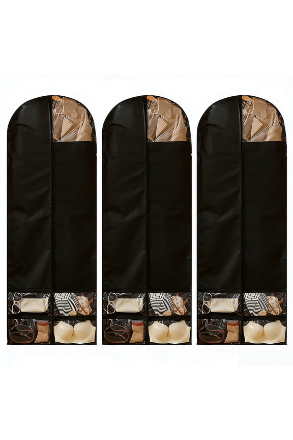 Dress Bags for Gowns 3 pack, 50'' Heavy Duty Garment Hanging Bag for Closet Organization and Travel, with Accessory Pockets and Clear Window, Black