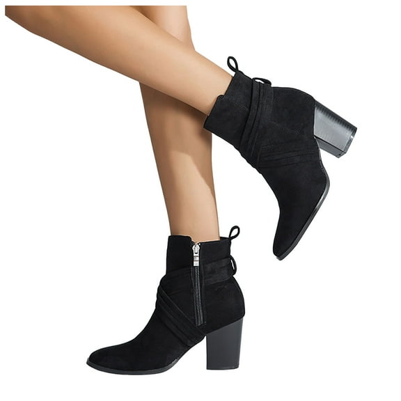 Dress Boots for Women Ladies Winter Fall Shoes Fashion Cross Suede Pointed Toe Chunky High Heels Ankle Booties