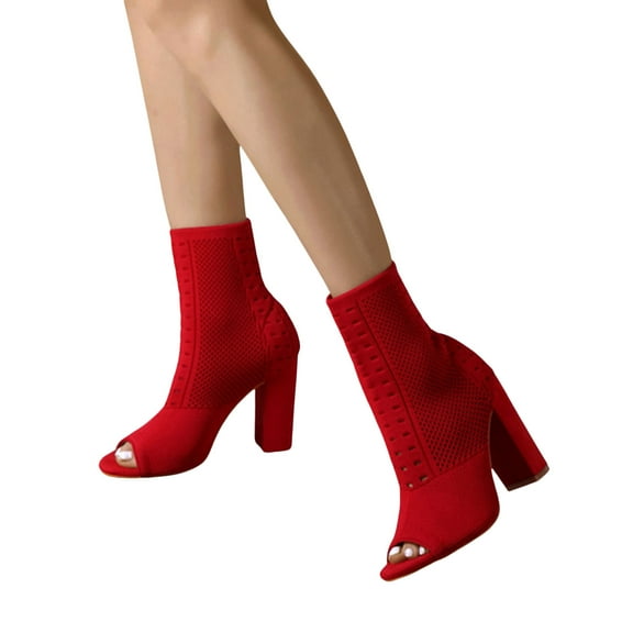 Dress Boots for Women Open Peep Toe Chunky Block High Heel Slip on Socks Mid Calf Short Ankle Booties Sandals
