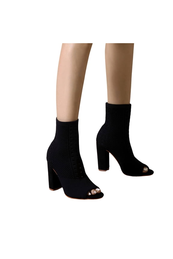 Dress Boots for Women Open Peep Toe Chunky Block High Heel Slip on Socks Mid Calf Short Ankle Booties Sandals