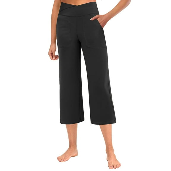 Dress Capris for Women Petite Tummy Control Wide Leg Pull on Cropped Pants Crossover Soft Stretchy Summer Gaucho Pants with Pockets Black L