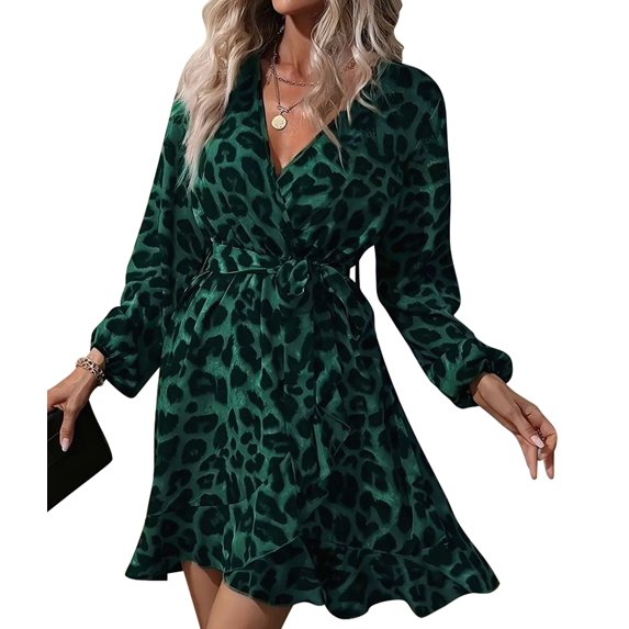 Dress Cheetah Ruffle Belted V Neck A Line Long Sleeve Elegant Casual Streetwear Dress Dark Green S