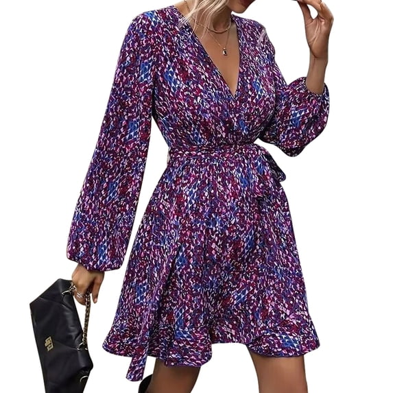 Dress Cheetah Ruffle Belted V Neck A Line Long Sleeve Elegant Casual Streetwear Dress XXL